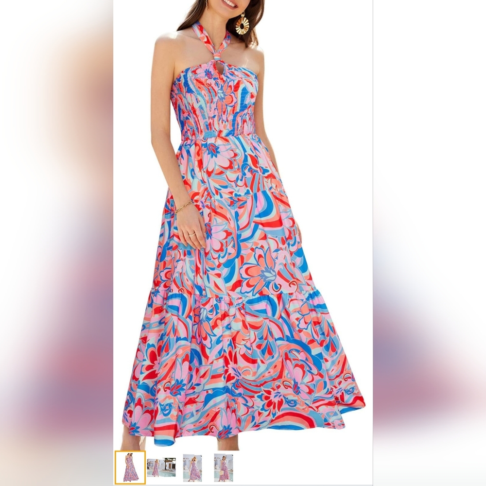 Grace Karin Multicolor Floral Halter Midi Dress (Blue, Pink, Red)